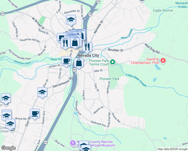 map of restaurants, bars, coffee shops, grocery stores, and more near 200 Clay Street in Nevada City