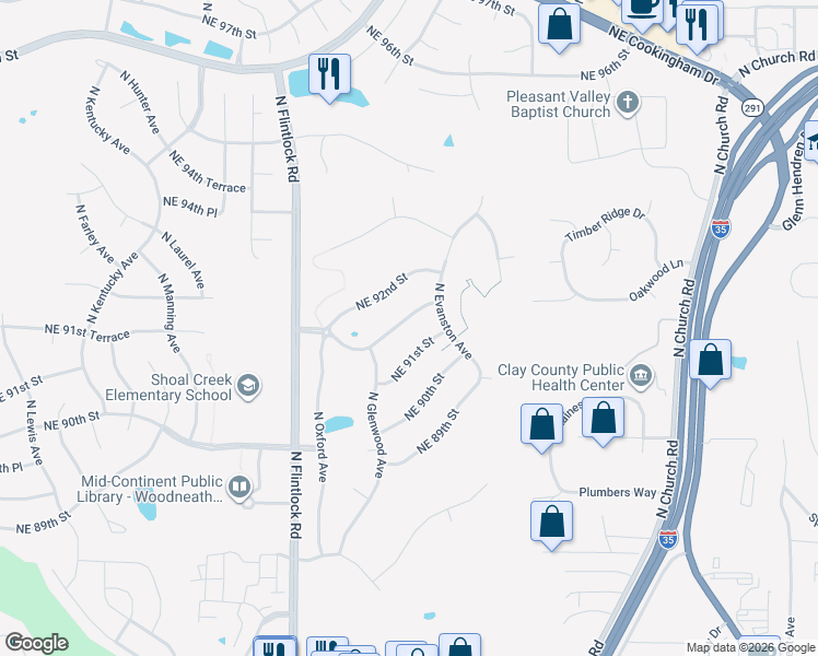 map of restaurants, bars, coffee shops, grocery stores, and more near 9504 Northeast 91st Terrace in Kansas City