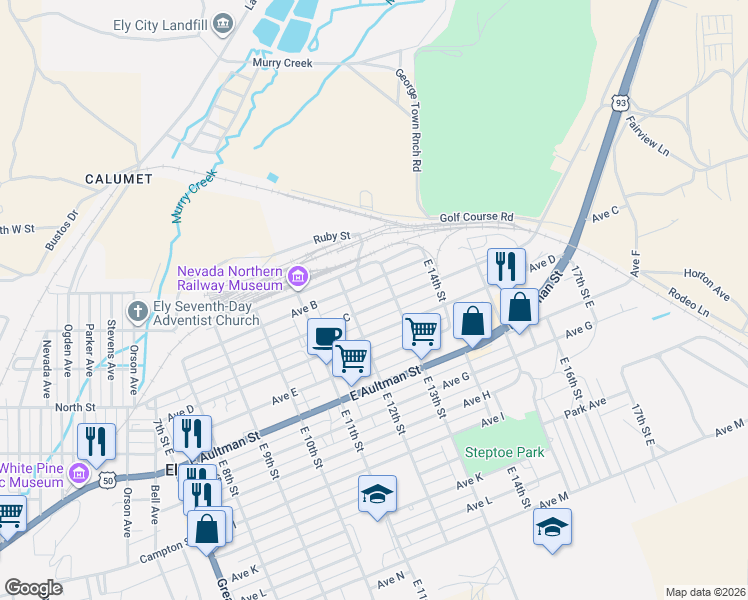 map of restaurants, bars, coffee shops, grocery stores, and more near 1265 Avenue C in Ely