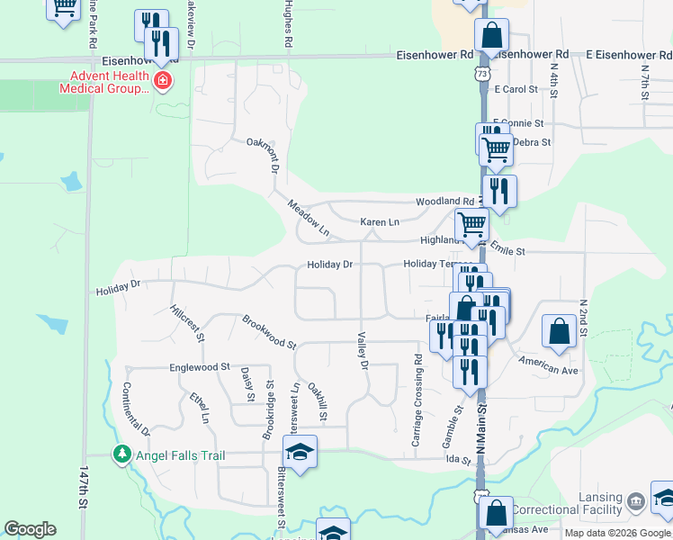map of restaurants, bars, coffee shops, grocery stores, and more near 318 Holiday Drive in Lansing