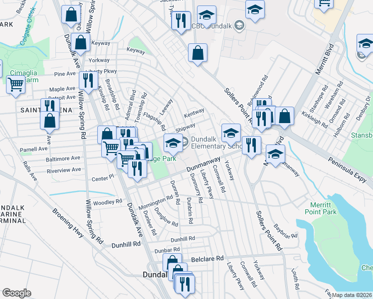 map of restaurants, bars, coffee shops, grocery stores, and more near 2798 Liberty Pkwy in Dundalk