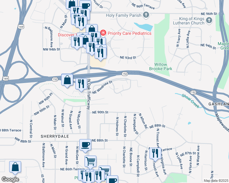 map of restaurants, bars, coffee shops, grocery stores, and more near 600 Northeast Windrose Court in Kansas City