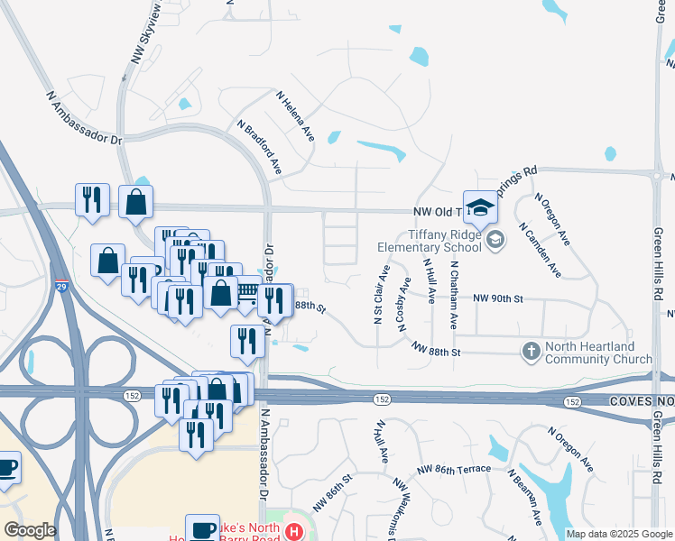 map of restaurants, bars, coffee shops, grocery stores, and more near 5914 Northwest 90th Terrace in Kansas City