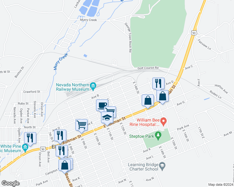 map of restaurants, bars, coffee shops, grocery stores, and more near 1265 Avenue C in Ely