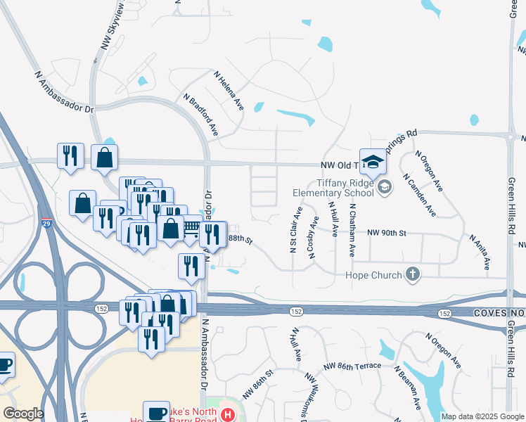 map of restaurants, bars, coffee shops, grocery stores, and more near 5931 Northwest 90th Terrace in Kansas City