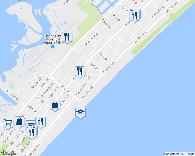 map of restaurants, bars, coffee shops, grocery stores, and more near 2622 Wesley Avenue in Ocean City