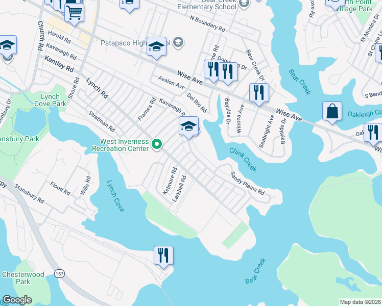 map of restaurants, bars, coffee shops, grocery stores, and more near 1907 Kelmore Road in Dundalk