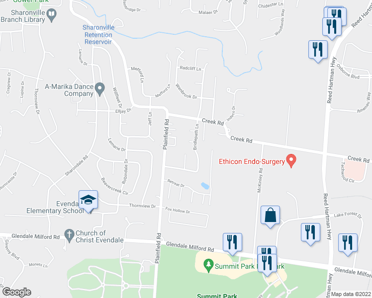 map of restaurants, bars, coffee shops, grocery stores, and more near 10690 Turfwood Court in Sharonville