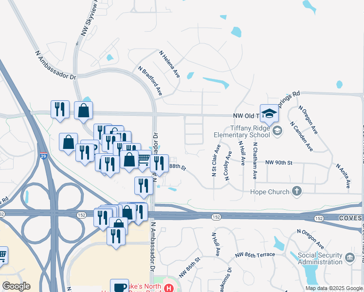 map of restaurants, bars, coffee shops, grocery stores, and more near 9010 North Helena Avenue in Kansas City