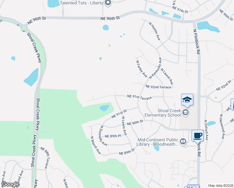 map of restaurants, bars, coffee shops, grocery stores, and more near 8704 Northeast 91st Terrace in Kansas City