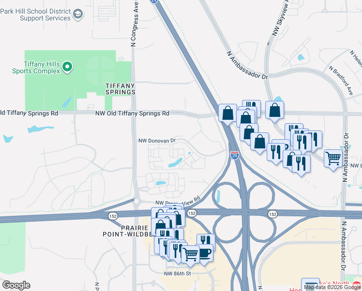 map of restaurants, bars, coffee shops, grocery stores, and more near 7303 Northwest Prairie View Road in Kansas City
