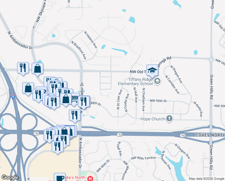 map of restaurants, bars, coffee shops, grocery stores, and more near 5903 Northwest 90th Terrace in Kansas City