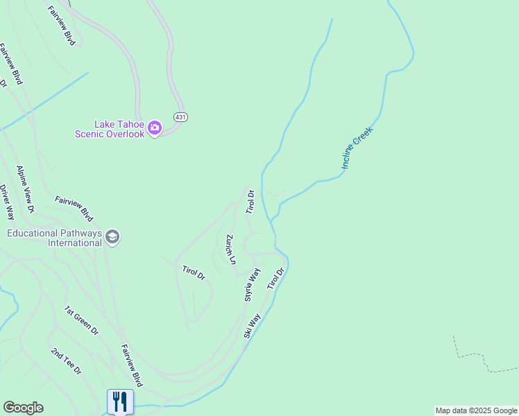 map of restaurants, bars, coffee shops, grocery stores, and more near 1350 Tirol Drive in Incline Village