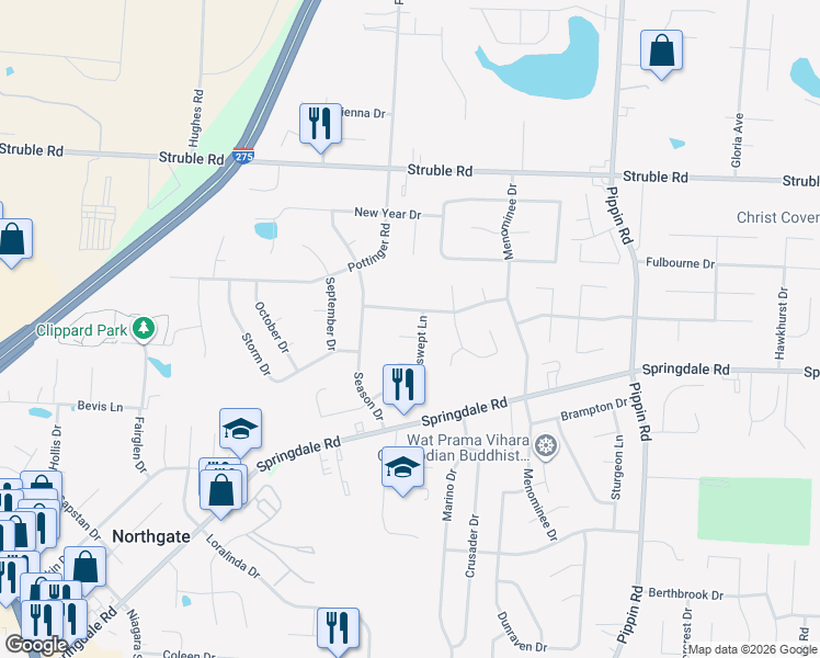map of restaurants, bars, coffee shops, grocery stores, and more near 3114 Nightfall Court in Cincinnati
