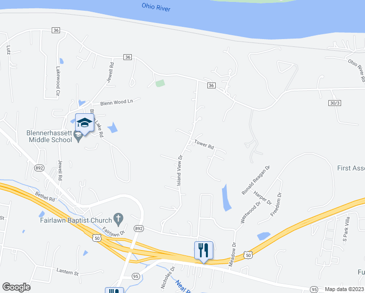 map of restaurants, bars, coffee shops, grocery stores, and more near 595 Island View Drive in Parkersburg
