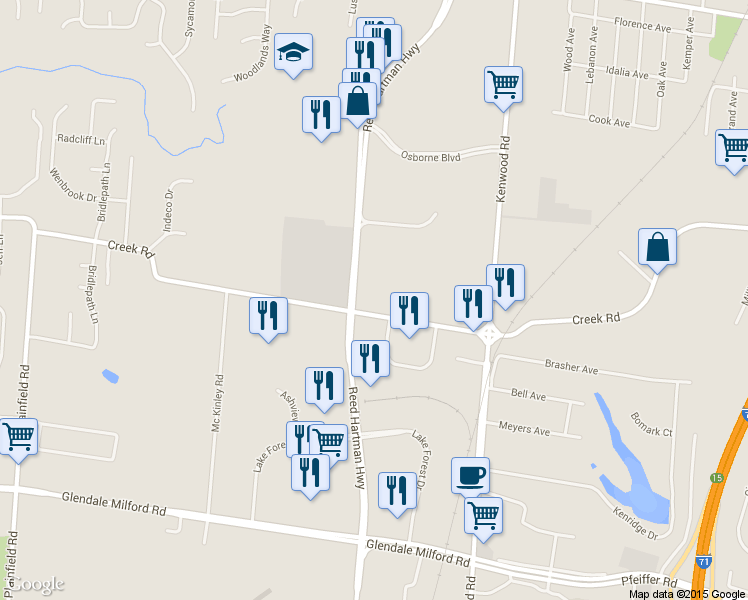 map of restaurants, bars, coffee shops, grocery stores, and more near 4630 Creek Road in Cincinnati