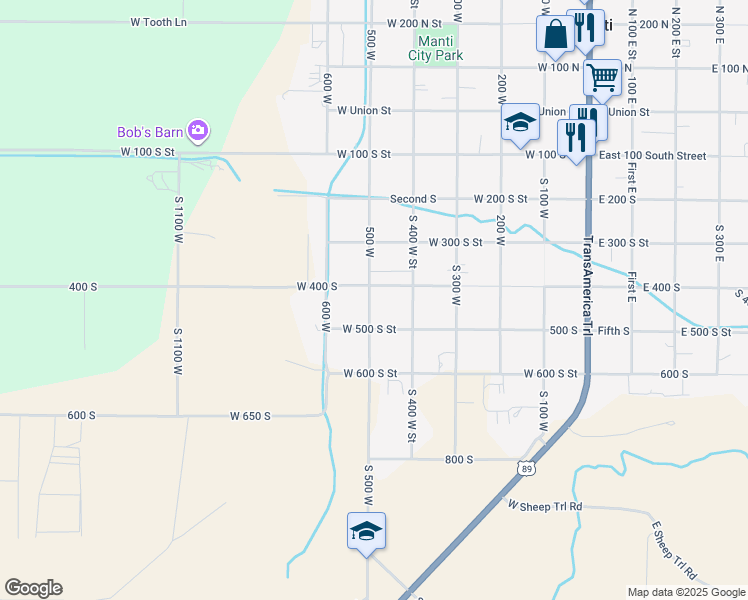 map of restaurants, bars, coffee shops, grocery stores, and more near 404 South 500 West in Manti