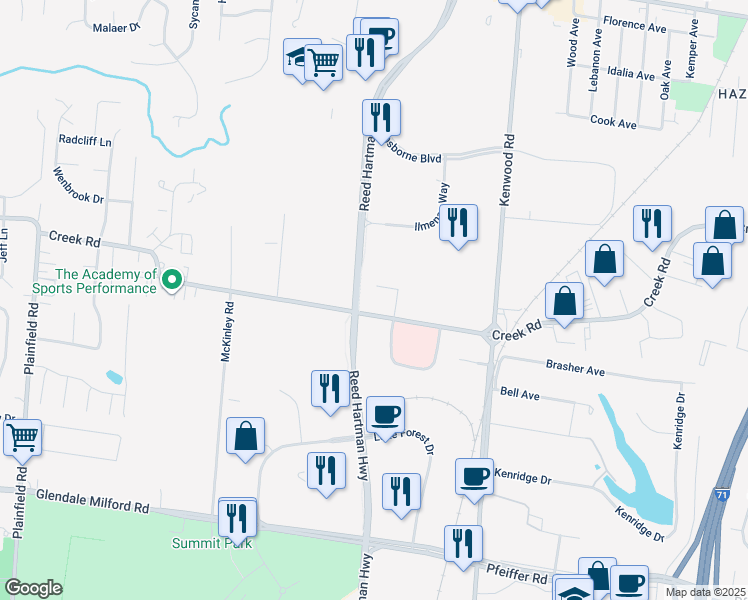map of restaurants, bars, coffee shops, grocery stores, and more near 4630 Creek Road in Blue Ash