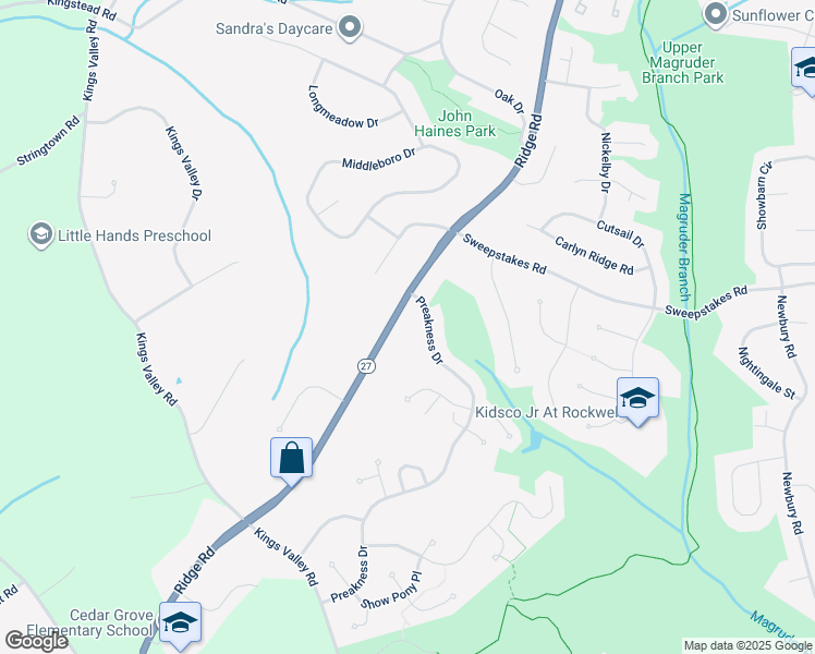 map of restaurants, bars, coffee shops, grocery stores, and more near 24515 Ridge Road in Damascus