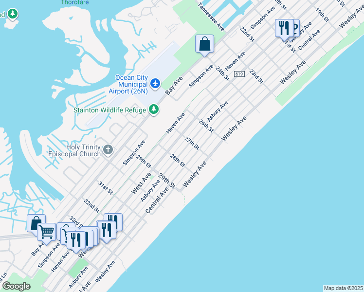 map of restaurants, bars, coffee shops, grocery stores, and more near 2700 Asbury Avenue in Ocean City