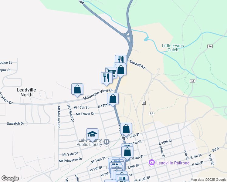 map of restaurants, bars, coffee shops, grocery stores, and more near 102 Mount View Drive in Leadville