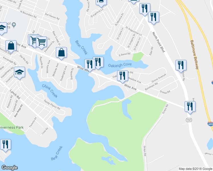 map of restaurants, bars, coffee shops, grocery stores, and more near 47 Waterview Rd in Dundalk