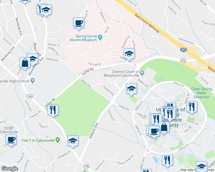 map of restaurants, bars, coffee shops, grocery stores, and more near 825 Fairway Avenue in Catonsville