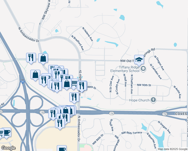 map of restaurants, bars, coffee shops, grocery stores, and more near 9016 North Helena Avenue in Kansas City