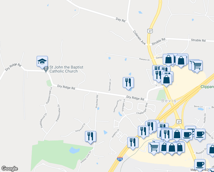 map of restaurants, bars, coffee shops, grocery stores, and more near 10127 Spiritoak Lane in Cincinnati
