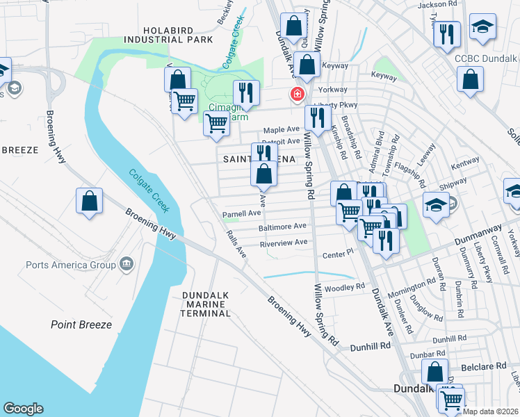 map of restaurants, bars, coffee shops, grocery stores, and more near 6556 Parnell Avenue in Baltimore