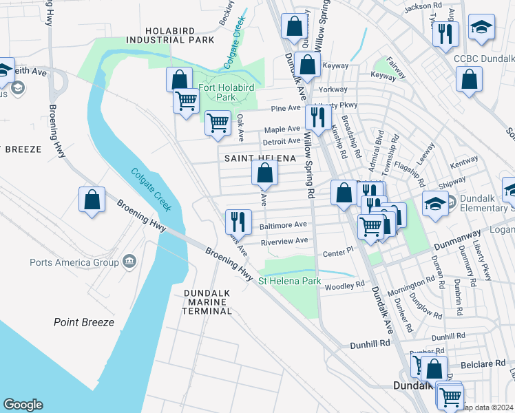 map of restaurants, bars, coffee shops, grocery stores, and more near 6550 Parnell Avenue in Dundalk