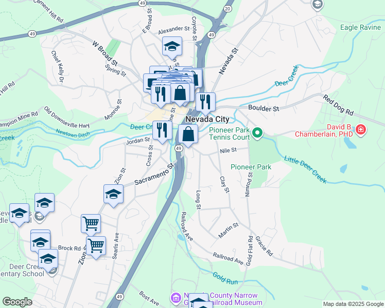 map of restaurants, bars, coffee shops, grocery stores, and more near 237 Adams Street in Nevada City