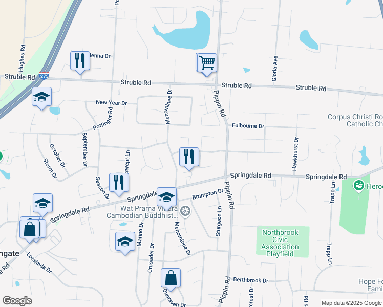 map of restaurants, bars, coffee shops, grocery stores, and more near 10261 Crestland Court in Cincinnati
