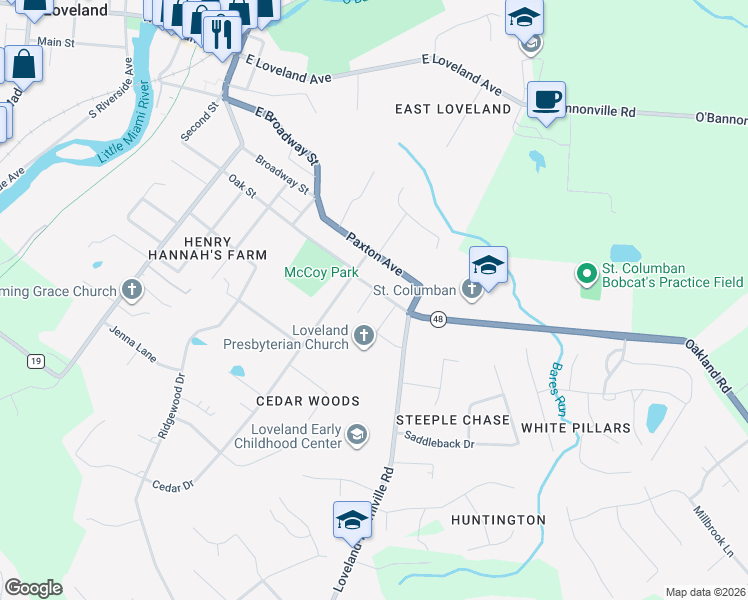 map of restaurants, bars, coffee shops, grocery stores, and more near 615 Oak Street in Loveland