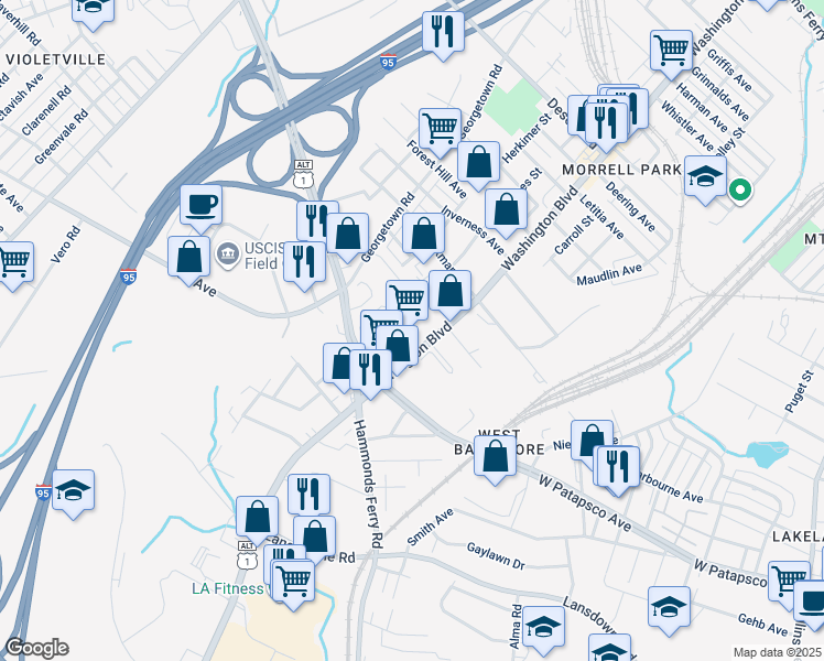 map of restaurants, bars, coffee shops, grocery stores, and more near 3140 Washington Boulevard in Baltimore