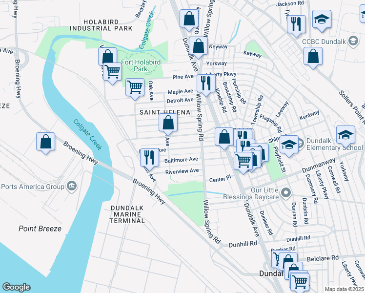 map of restaurants, bars, coffee shops, grocery stores, and more near 232 Patapsco Avenue in Dundalk