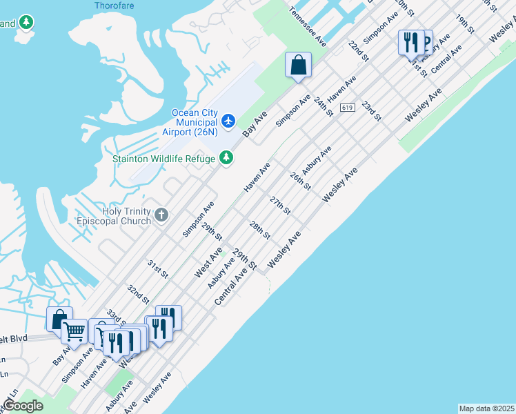 map of restaurants, bars, coffee shops, grocery stores, and more near 2736 West Avenue in Ocean City