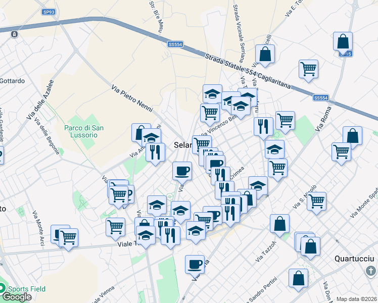 map of restaurants, bars, coffee shops, grocery stores, and more near Via Venezia in Selargius
