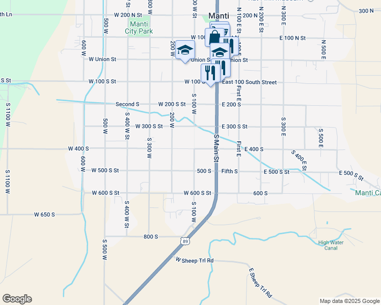 map of restaurants, bars, coffee shops, grocery stores, and more near 103 West 400 South in Manti