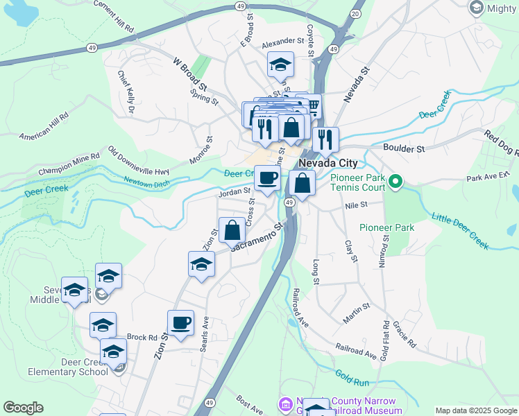 map of restaurants, bars, coffee shops, grocery stores, and more near 211 Gethsemane Street in Nevada City