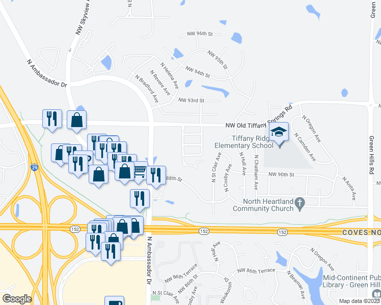 map of restaurants, bars, coffee shops, grocery stores, and more near 5932 Northwest 90th Terrace in Kansas City