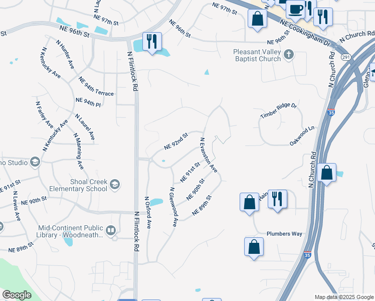 map of restaurants, bars, coffee shops, grocery stores, and more near 9504 Northeast 91st Terrace in Kansas City