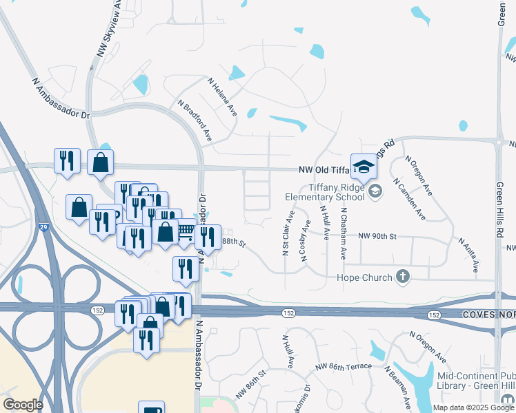 map of restaurants, bars, coffee shops, grocery stores, and more near 5914 Northwest 90th Terrace in Kansas City