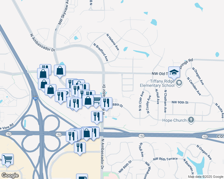 map of restaurants, bars, coffee shops, grocery stores, and more near 9001 North Ambassador Drive in Kansas City