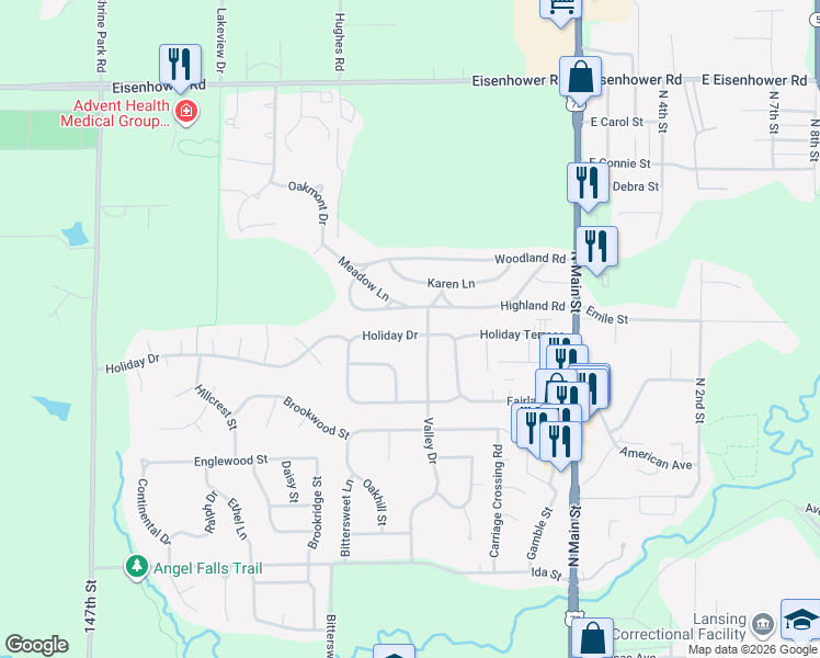 map of restaurants, bars, coffee shops, grocery stores, and more near 318 Holiday Drive in Lansing