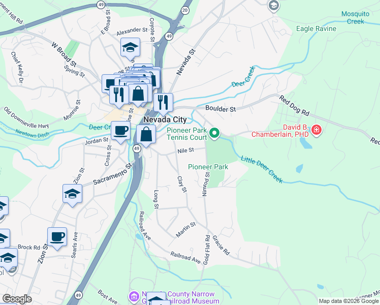 map of restaurants, bars, coffee shops, grocery stores, and more near 318 Nile Street in Nevada City