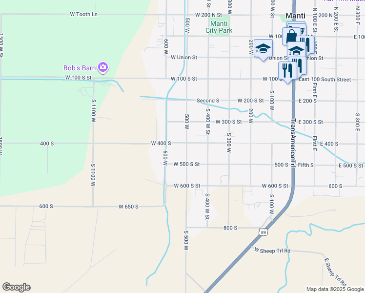 map of restaurants, bars, coffee shops, grocery stores, and more near 404 South 500 West in Manti
