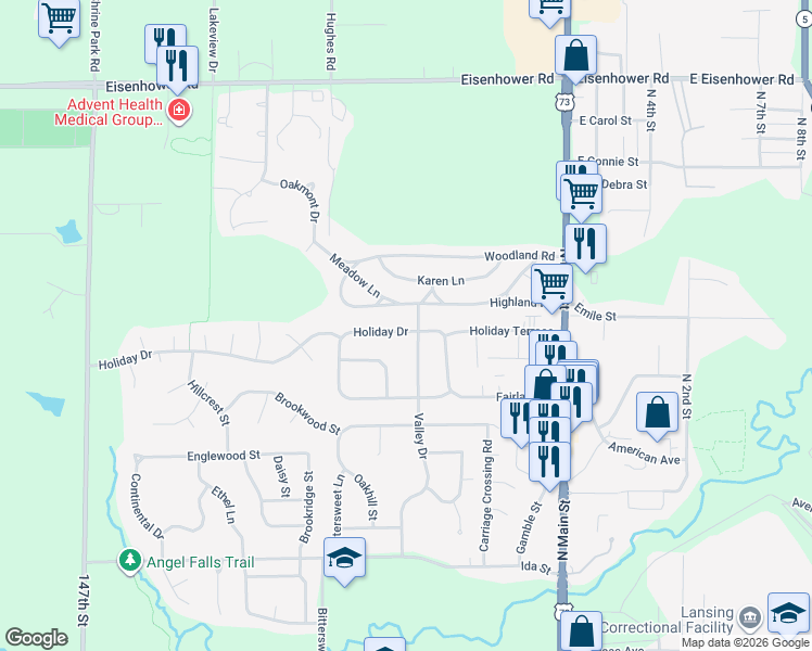 map of restaurants, bars, coffee shops, grocery stores, and more near 318 Holiday Drive in Lansing