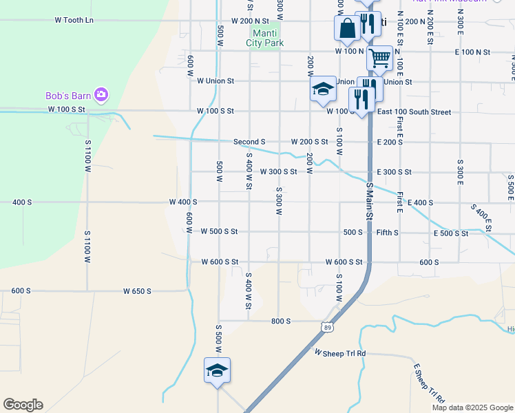 map of restaurants, bars, coffee shops, grocery stores, and more near 375 West 400 South in Manti
