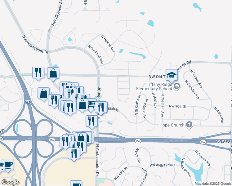 map of restaurants, bars, coffee shops, grocery stores, and more near 9020 North Helena Avenue in Kansas City